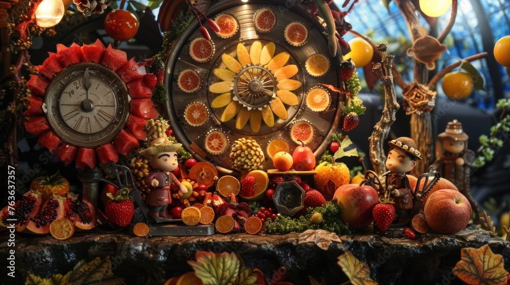Show a whimsical time machine powered by fruit, with characters preparing for a journey through time,