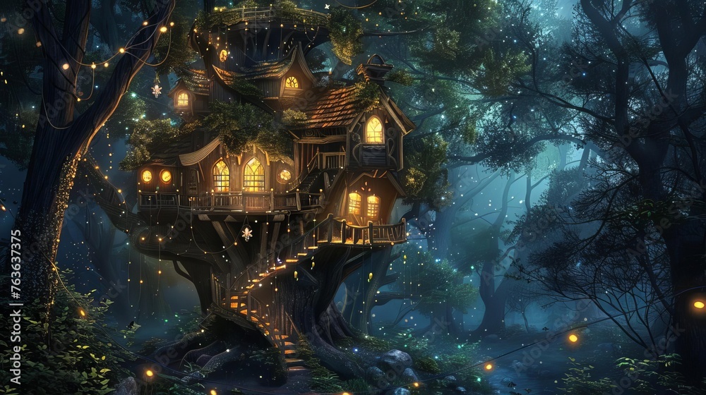 Digital Painting of Enchanted Treehouse with Glowing Windows, Fairy Lights, and Magical Forest at Night