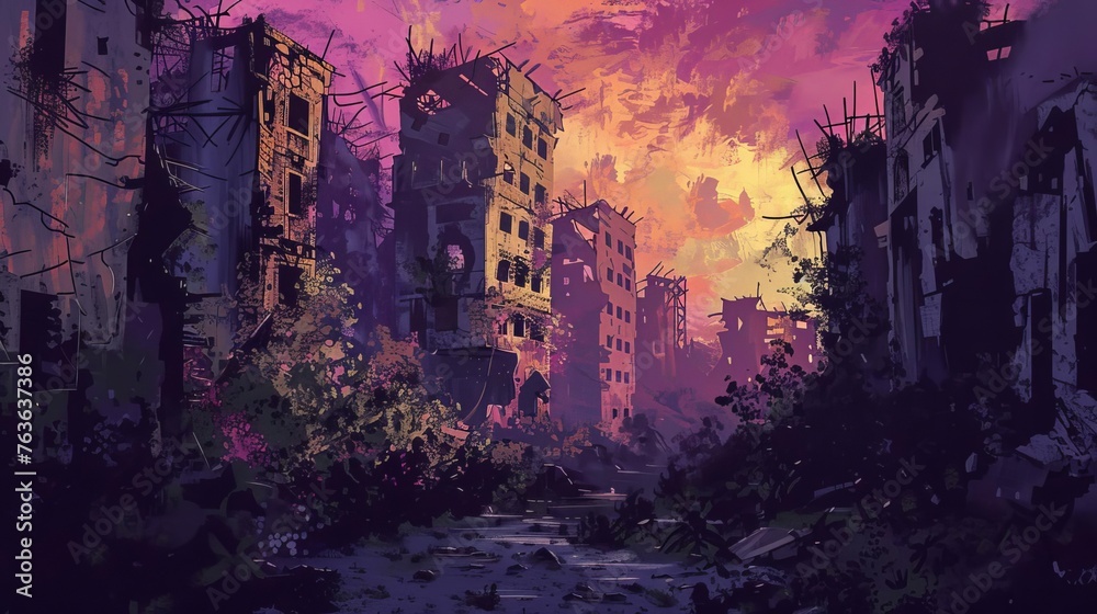 Digital Sketch of Post-Apocalyptic Cityscape with Ruined Buildings, Overgrown Vegetation, and Haunting Atmosphere