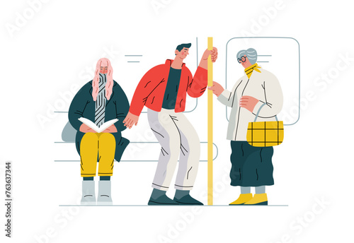 Mutual Support Giving up seat in public transport -modern flat vector concept illustration of man offering his seat to elderly woman on bus A metaphor of voluntary, collaborative exchanges of services