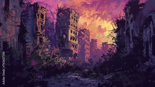 Digital Sketch of Post-Apocalyptic Cityscape with Ruined Buildings, Overgrown Vegetation, and Haunting Atmosphere