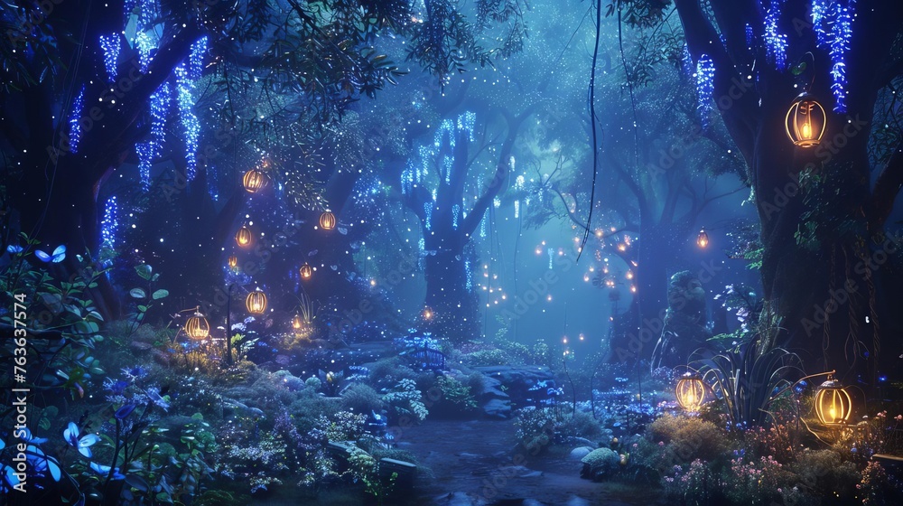 Enchanted forest with bioluminescent plants, fairy lanterns, and mystical creatures