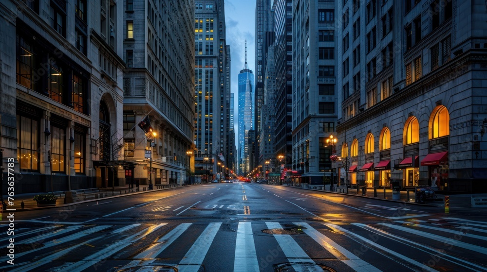The quiet streets of a financial district just before dawn, with towering skyscrapers beginning - obrazy, fototapety, plakaty 