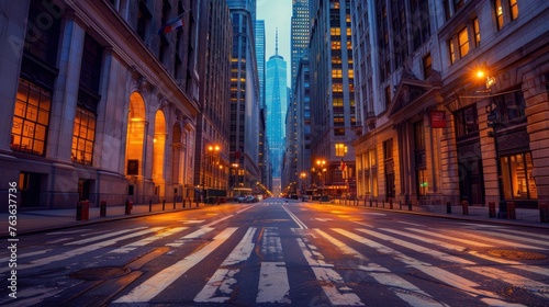 The quiet streets of a financial district just before dawn, with towering skyscrapers beginning to light b