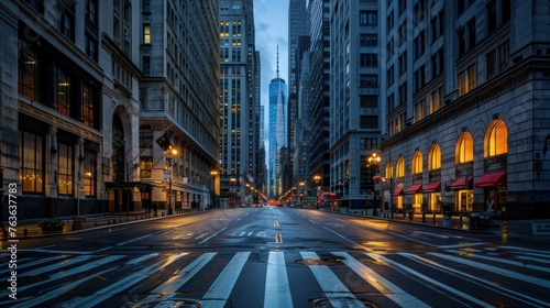 The quiet streets of a financial district just before dawn  with towering skyscrapers beginning