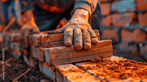 Worker installing red brick for construction site stock photo Adult, Blue-collar Worker