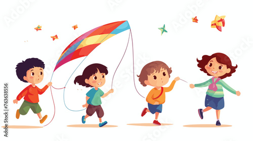 Cute cheerful children playing with kite cartoon ve