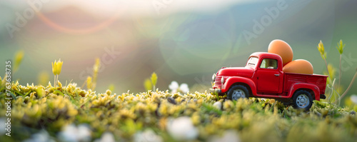 Red toy retro car with chicken egg on the roof on green spring field. Car carrying egg. Organic farming  local healthy food  delivery  back to nature concept