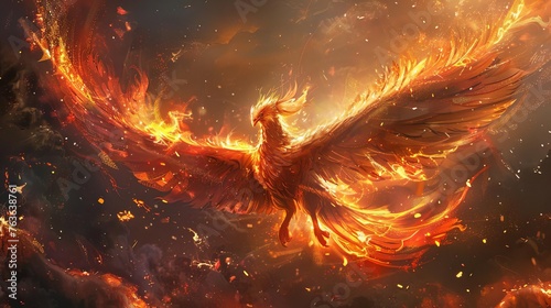 Majestic Phoenix Rising from Ashes, Fiery Flames and Glowing Embers, Digital Painting