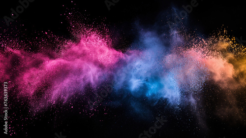 Explosion of bright colorful paint on black background, burst of multicolored powder, abstract pattern of colored dust splash