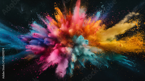 Explosion of bright colorful paint on black background  burst of multicolored powder  abstract pattern of colored dust splash