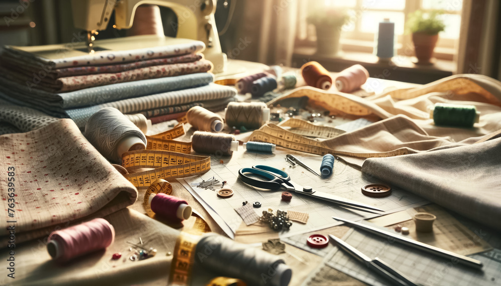 Crafting Elegance: Tailor’s Table Brimming with Creative Possibilities - obrazy, fototapety, plakaty 