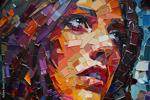 A detailed collage of different pieces forming a persons face in an abstract and trendy style.