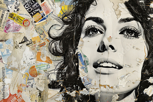A painting depicting a womans face with torn papers swirling around her, creating an abstract and collage-like composition.