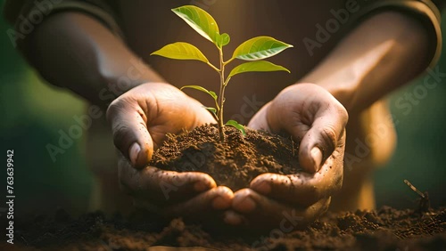 hold young tree ready to grow in fertile soil, prepare for plant and reduce global warming, Save world environment , save life, Plant a tree world environment day, sustainable , volunteer photo