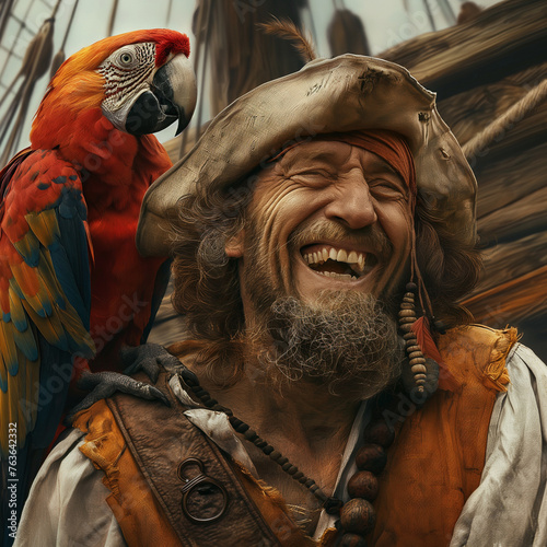pirate captain laughing with his parrot on his shoulder