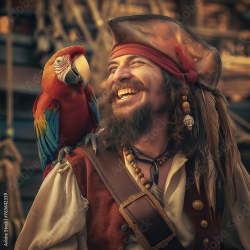 pirate captain laughing with his parrot on his shoulder