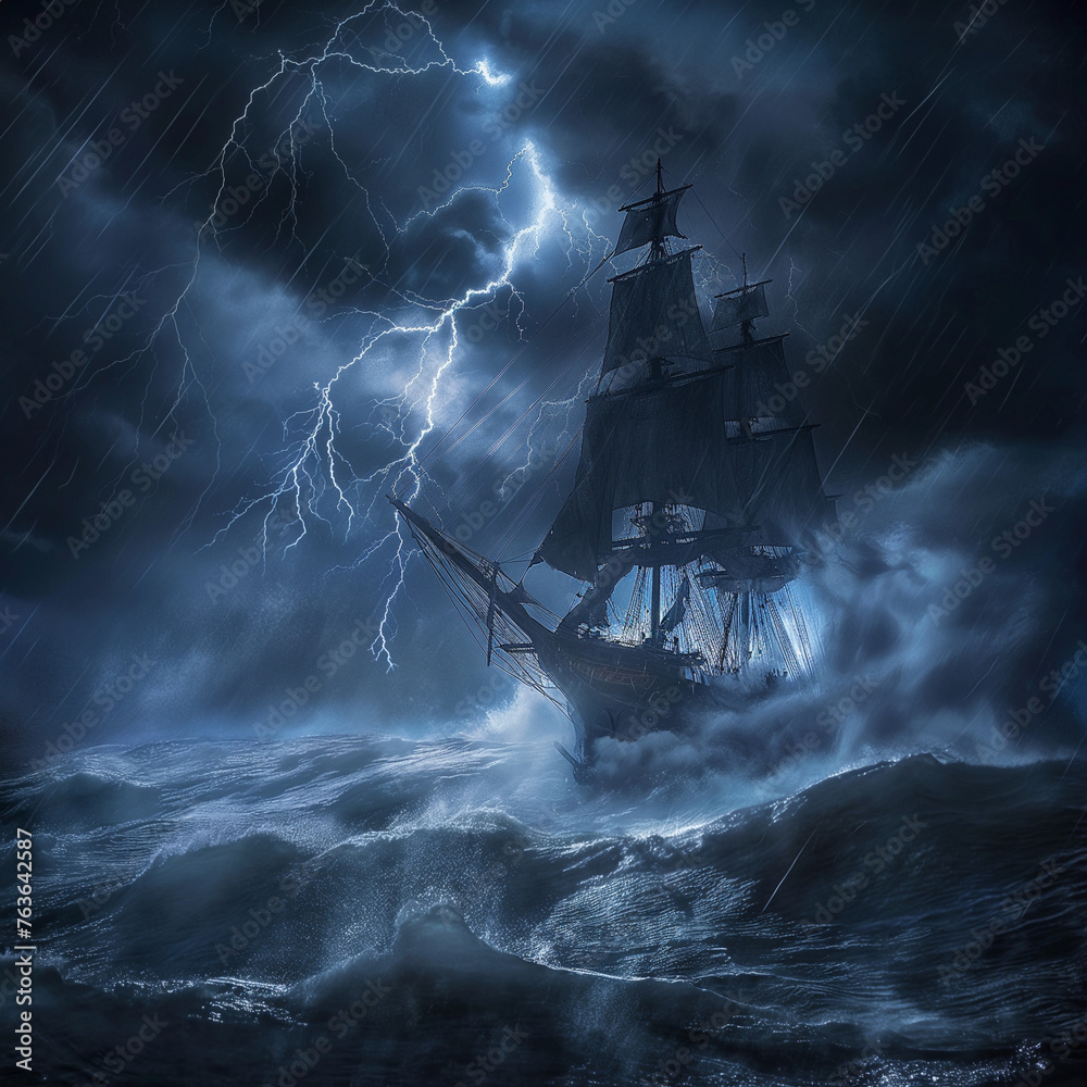 medieval sail ship in the middle of the storm at night