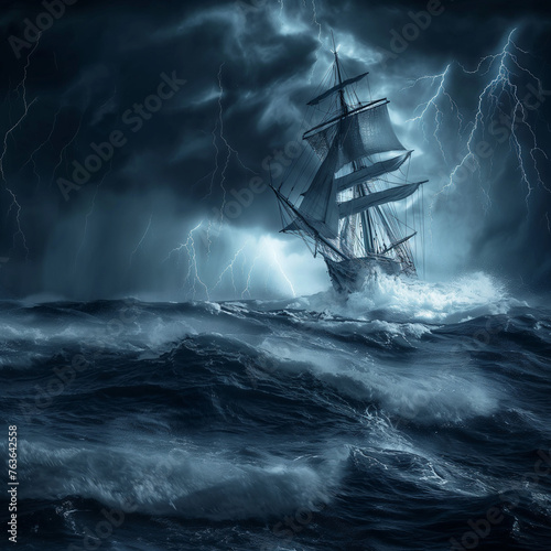 medieval sail ship in the middle of the storm at night