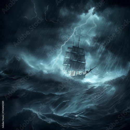 medieval sail ship in the middle of the storm at night