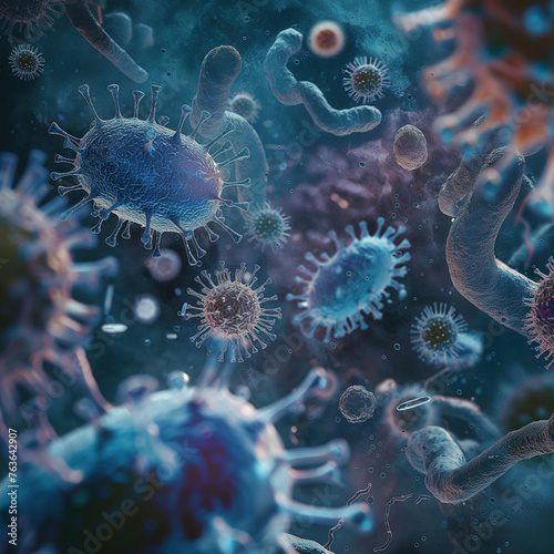 electron microscope renders showing becterias viruses colorful