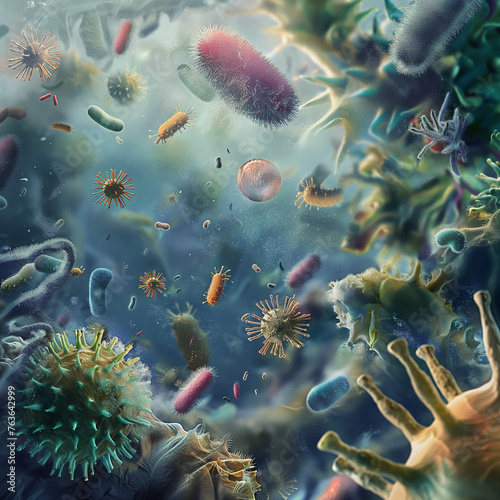 electron microscope renders showing becterias viruses colorful