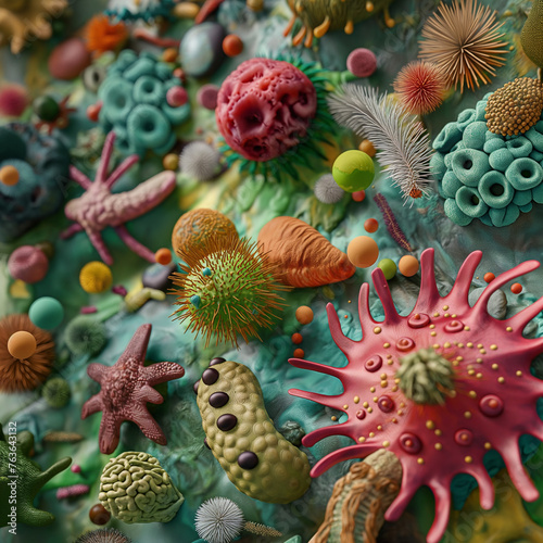 electron microscope renders showing becterias viruses colorful