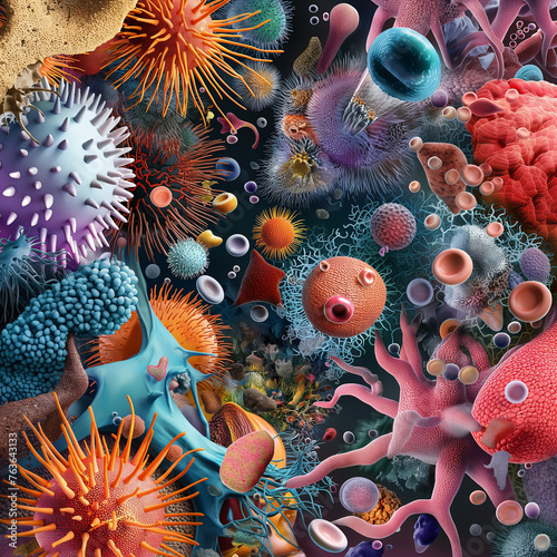 electron microscope renders showing becterias viruses colorful