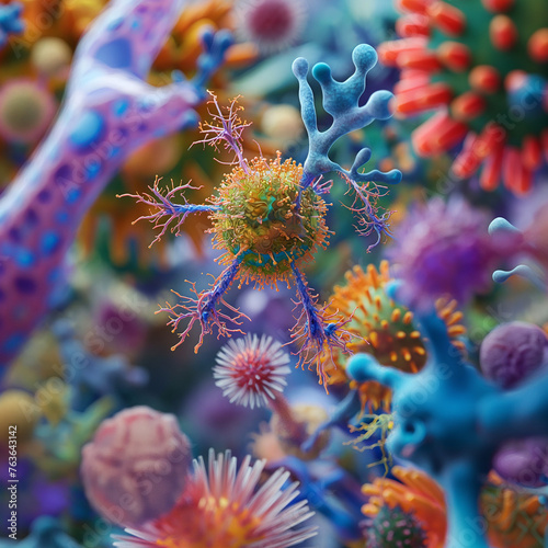 electron microscope renders showing becterias viruses colorful