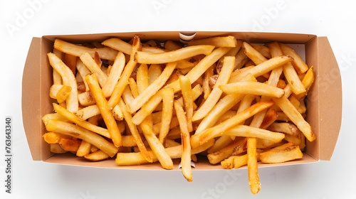French fries in a box top view isolated on white background photo