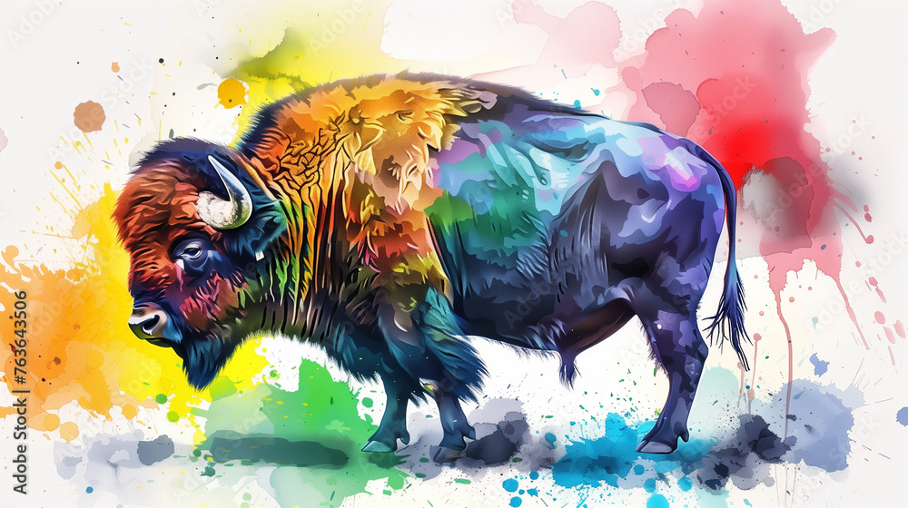 Bison or buffalo colorful with water color spectrum