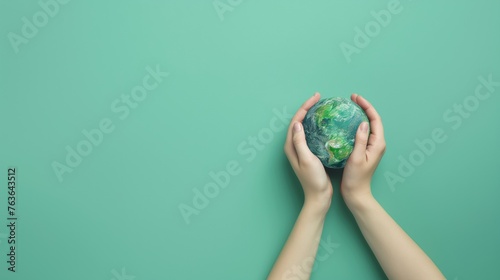 Hands delicately cradling a miniature world against a soft, light green background.