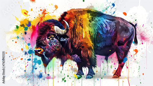 Bison or buffalo colorful with water color spectrum photo