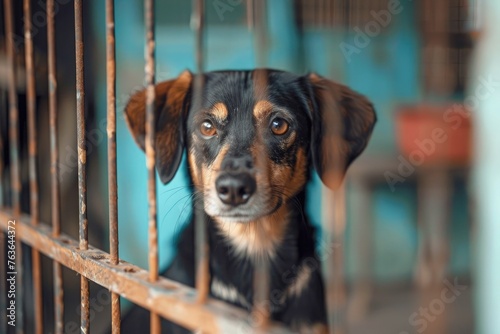 dog in a cage in a shelter or rescue centre photo