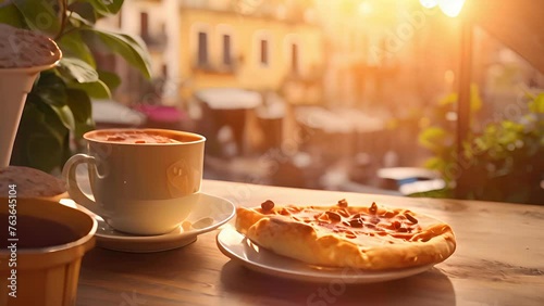 Vacations, recreation day, Cup of coffee with slices of pizza with beautiful Italian street, relax, cafe, breakfast, morning, white, beverage, hot, caffeine photo