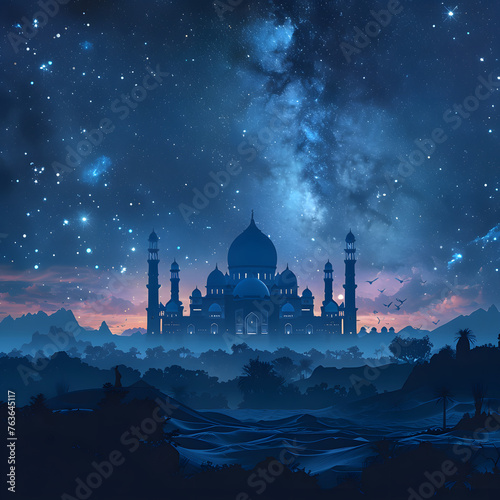Beautiful stary night with twinkling stars and a mosque backdrop template