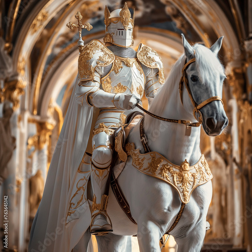 holy knight in a white armor on a white horse  © filiz