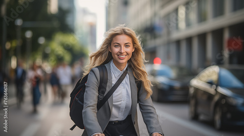 Smiling young woman walking in urban setting