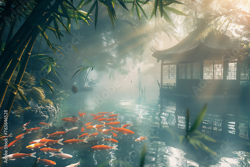 Asian garden with bamboo trees frame and pond with goldfishes at calm foggy morning