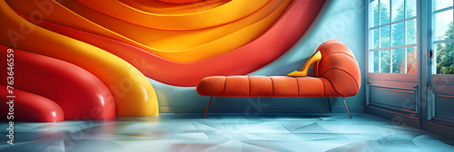 A red couch with a yellow and orange design on the side,
 The 3D Printer Creating Various Objects from Pure Is
 photo