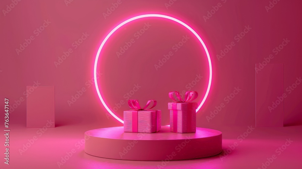 Pink podium studio. Abstract modern stylish realistic design round stand with open gift box, neon light ring. Pink podium studio. Abstract modern stylish realistic design round stand with open gift box, neon light ring.