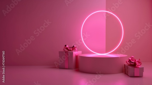 Pink podium studio. Abstract modern stylish realistic design round stand with open gift box, neon light ring.