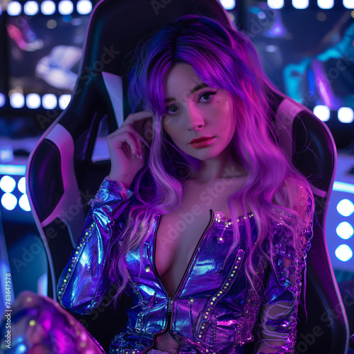 cute colorful e-sports egirl gamer girl poses on her gaming chair pc