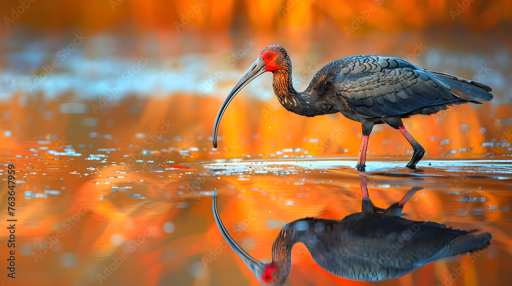 Golden-hour Grace: An Eloquent Portrait of the Scarlet-Faced Ibis Bird in a Serene Marshland - obrazy, fototapety, plakaty 