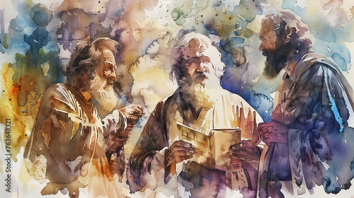 A watercolor depiction of biblical figures engrossed in a discussion with one reading a book amidst ethereal surrounds