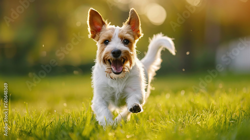 Happy parson russel terrier running on green grass meadow, dog is looking at camera and smiling, dynamic shot, sunny day, photo taken from behind the subject