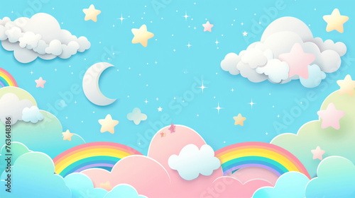 Seamless abstract: clouds, rainbow, moon, stars. Whimsical charm