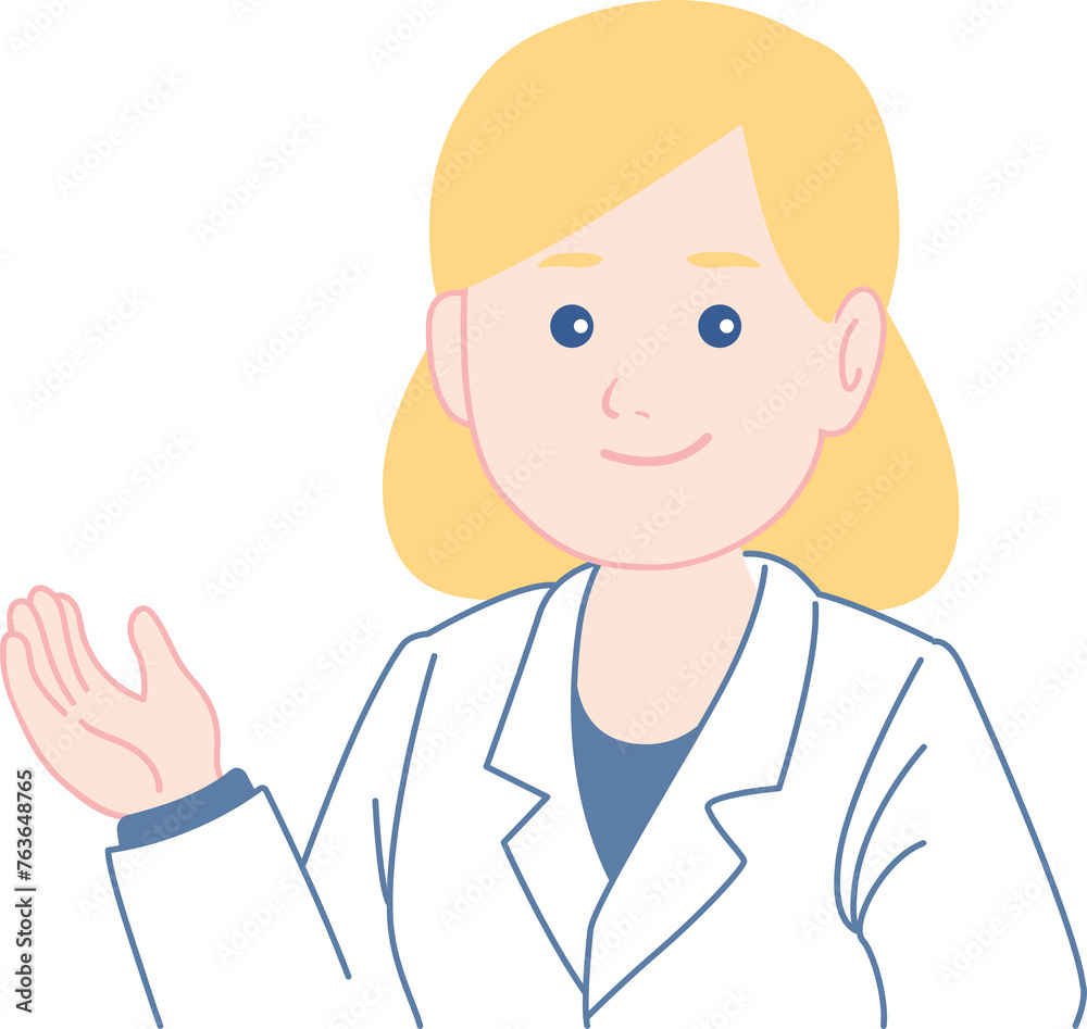 A white Blonde female pharmacist, doctor, explaining with a smile. Cartoon-style character.