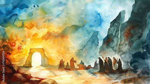 Watercolor depiction of an ethereal cave entrance illuminated by a divine light amidst an otherworldly landscape