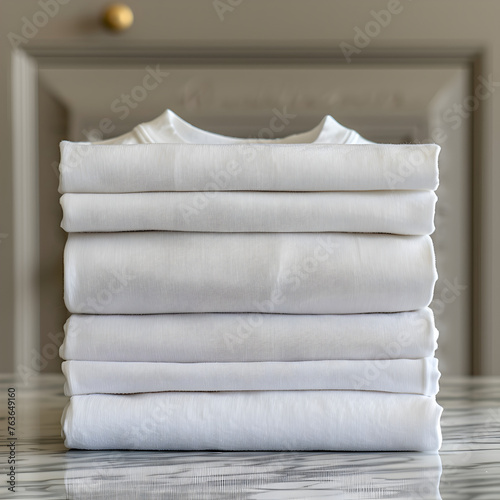 Three or more neatly folded heavyweight white T - shirts, made of pure cotton.